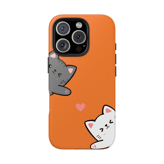 Cute Cartoon Cat Phone Case with Orange Background Playful Gray and White Kitties and Pink Heart Protective Cover for Kawaii Cat Lovers