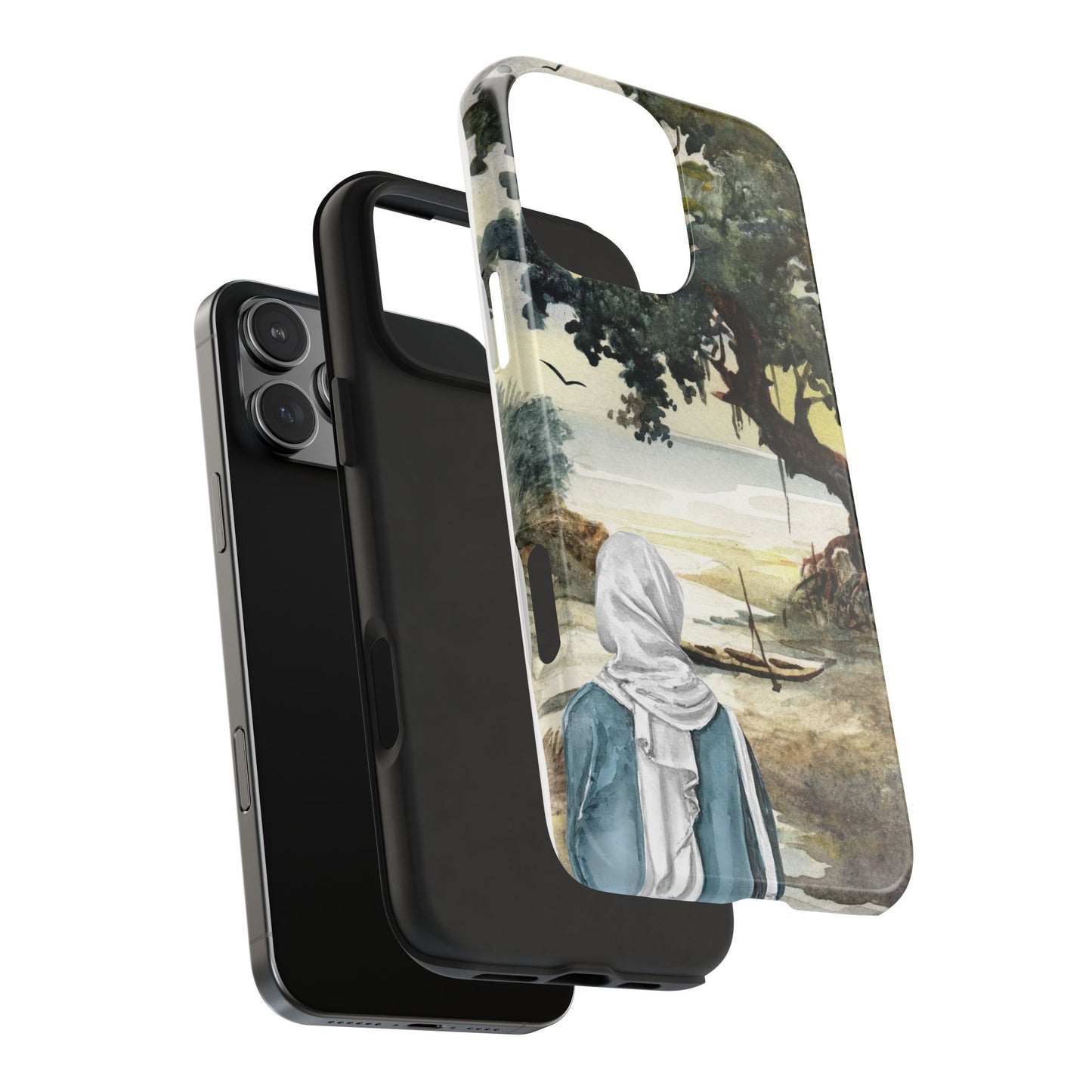 Watercolor Nature Phone Case with Woman by the Sea Tree and Boat Serene Landscape Art Protective Cover for Calm Coastal and Artistic Vibes