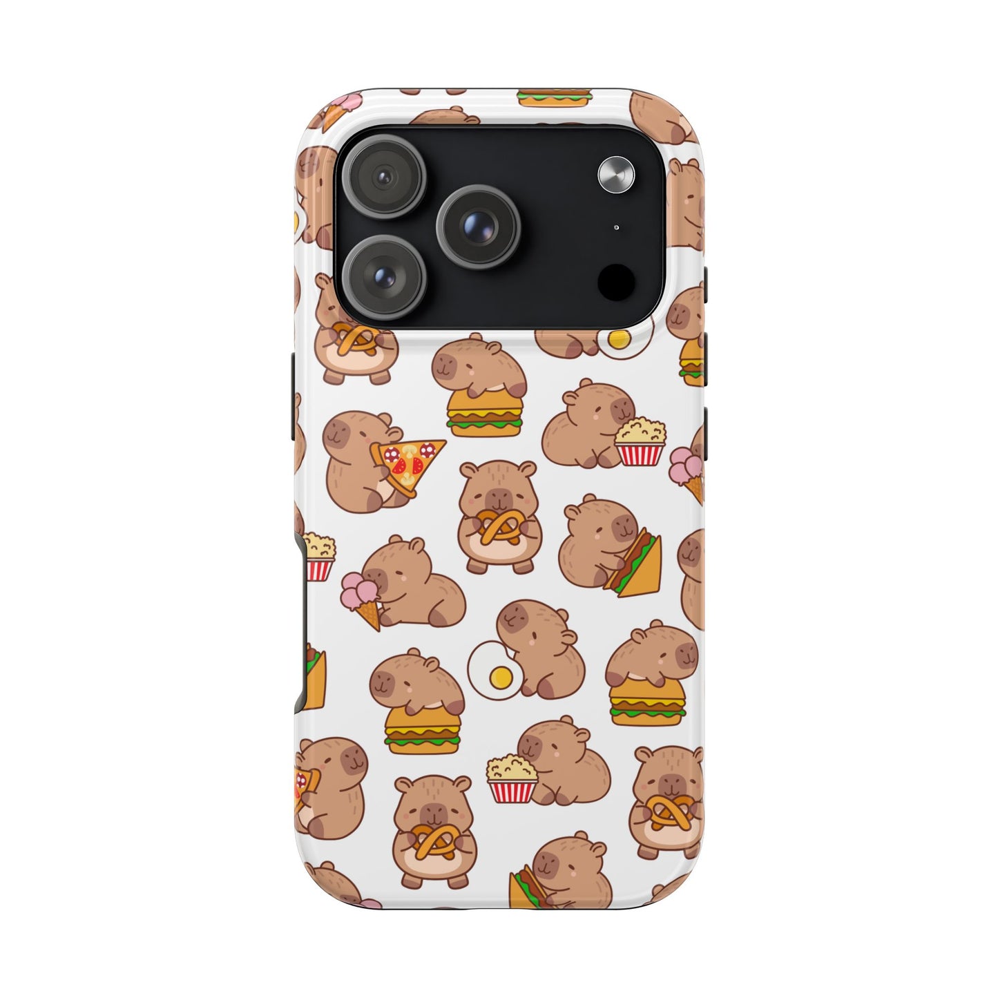 Cute Capybara Phone Case with Food Pattern Pizza Burger Donut and Popcorn Funny Animal Design Protective Cover for Foodies and Kawaii Style