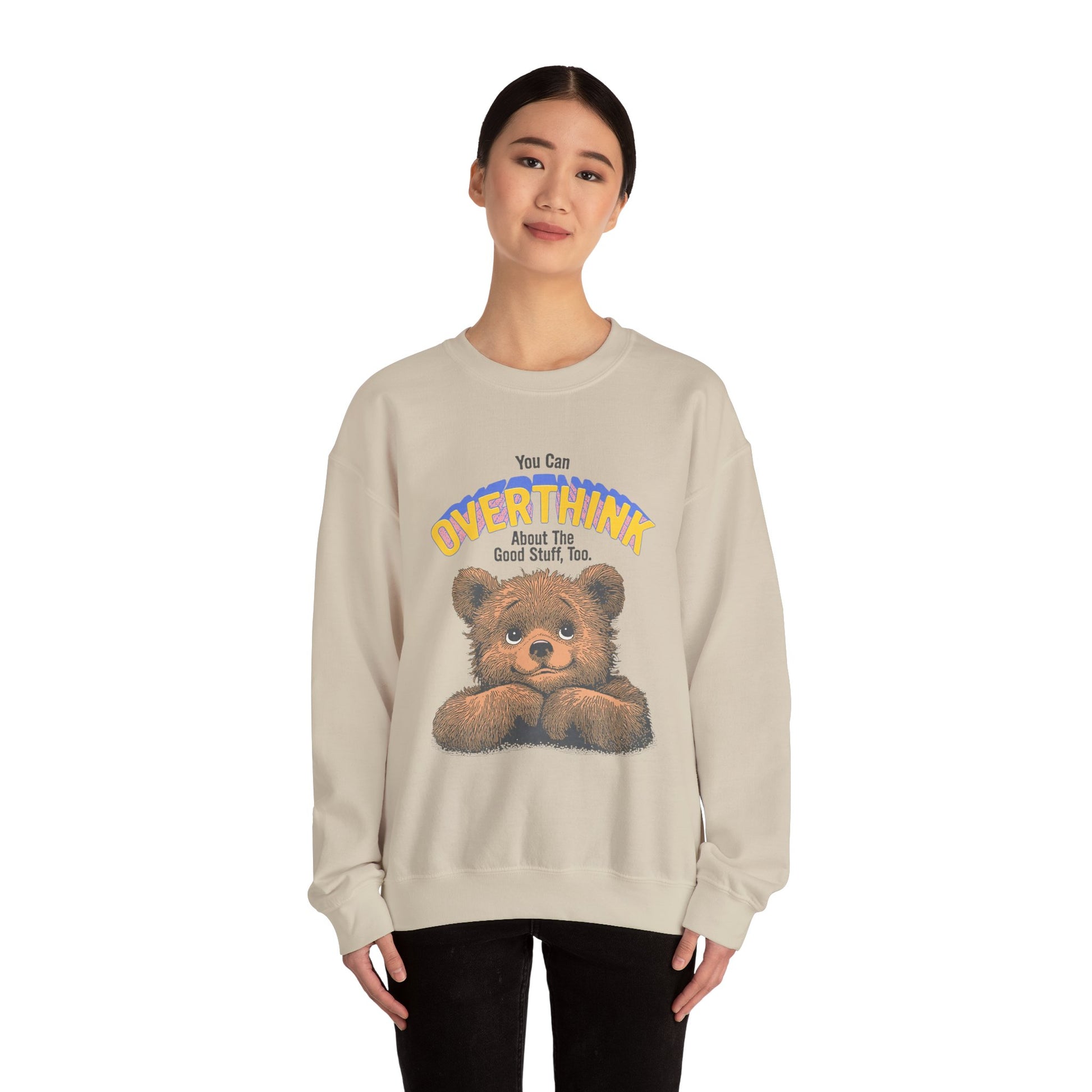 Cozy Sweatshirt with Overthinking Quote and Cute Bear Design, Funny Crewneck Jumper for Men and Women, Comfy Pullover for Winter, Unique