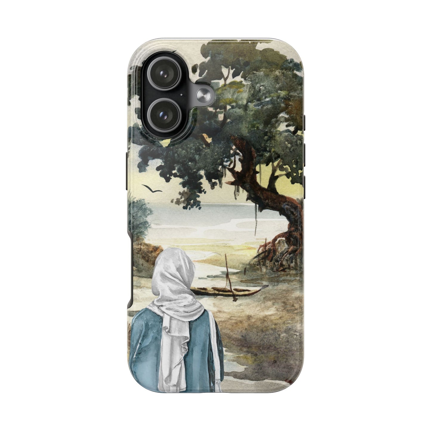 Watercolor Nature Phone Case with Woman by the Sea Tree and Boat Serene Landscape Art Protective Cover for Calm Coastal and Artistic Vibes