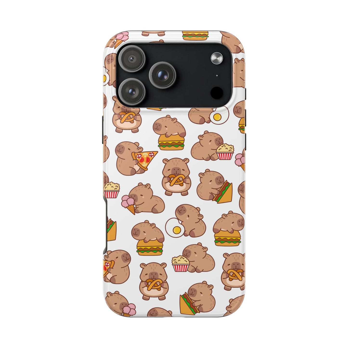 Cute Capybara Phone Case with Food Pattern Pizza Burger Donut and Popcorn Funny Animal Design Protective Cover for Foodies and Kawaii Style