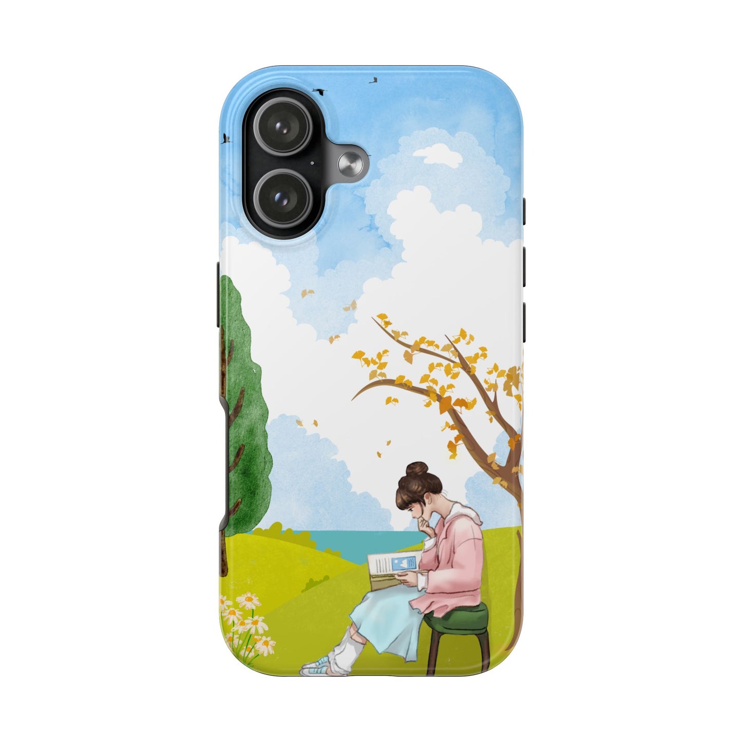 Cozy Reading Girl Phone Case with Peaceful Nature Scene Trees and Flowers Serene Pastel Design Protective Cover for Book Lovers and Dreamers