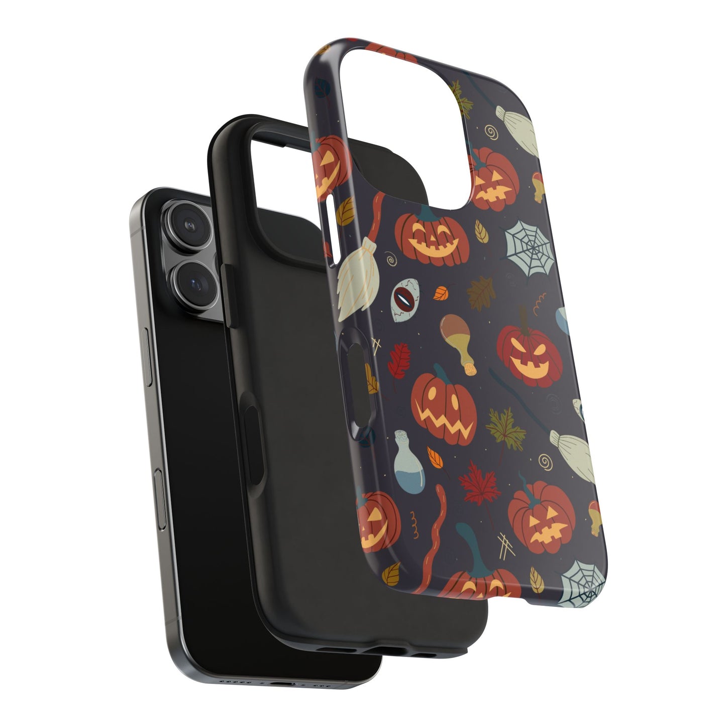 Spooky Halloween Pumpkin Phone Case with Witches Brooms, Potions, and Autumn Leaves – Fun Festive Protective Cover for October Vibes