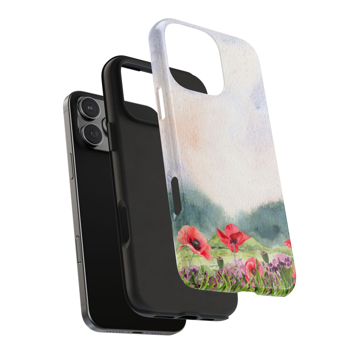 Watercolor Wildflower Meadow Phone Case with Red Poppies and Soft Landscape Artistic Floral Design Protective Cover for Nature Lover