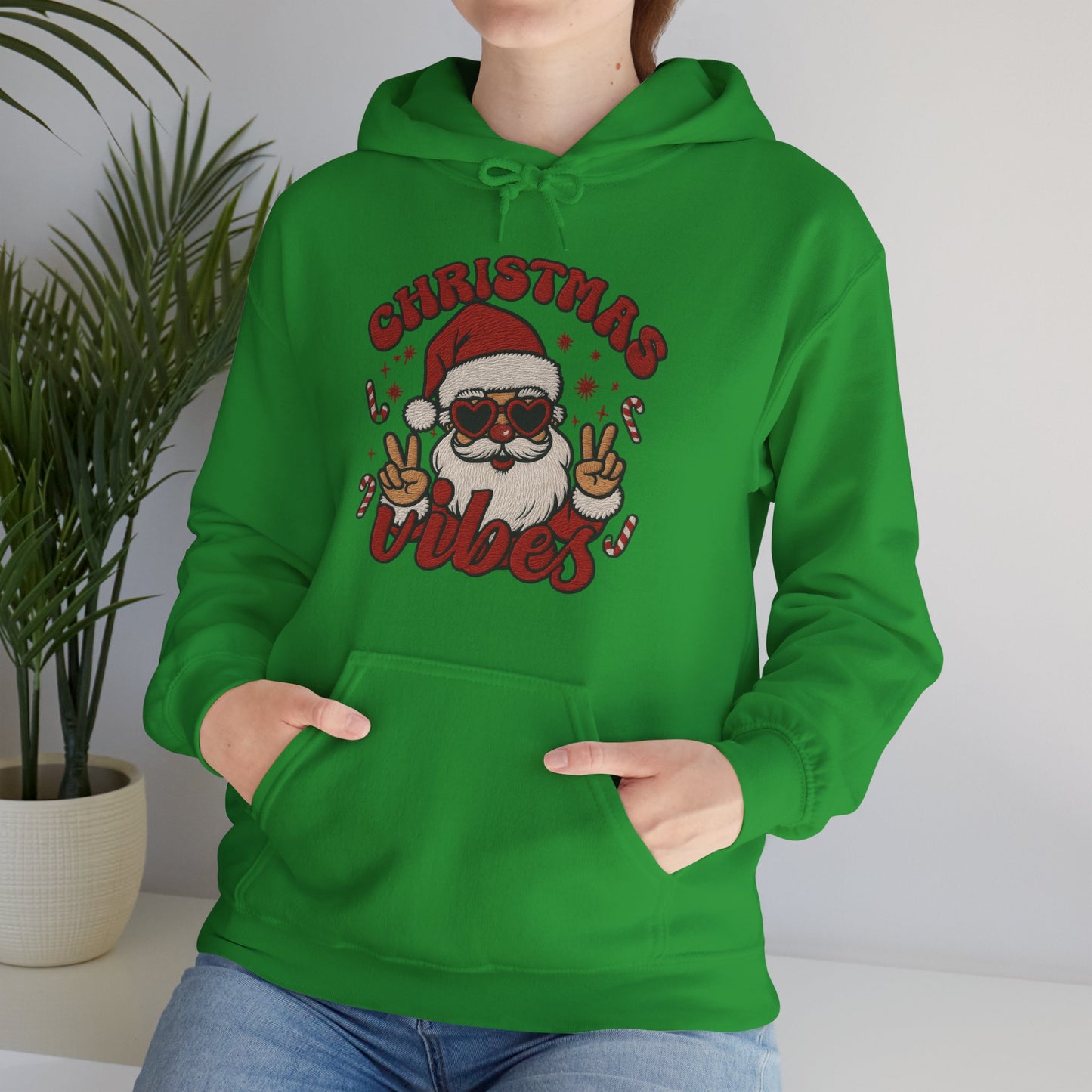 Christmas Vibes Santa Hoodie (Embroidery Look) – Unisex Holiday Sweatshirt