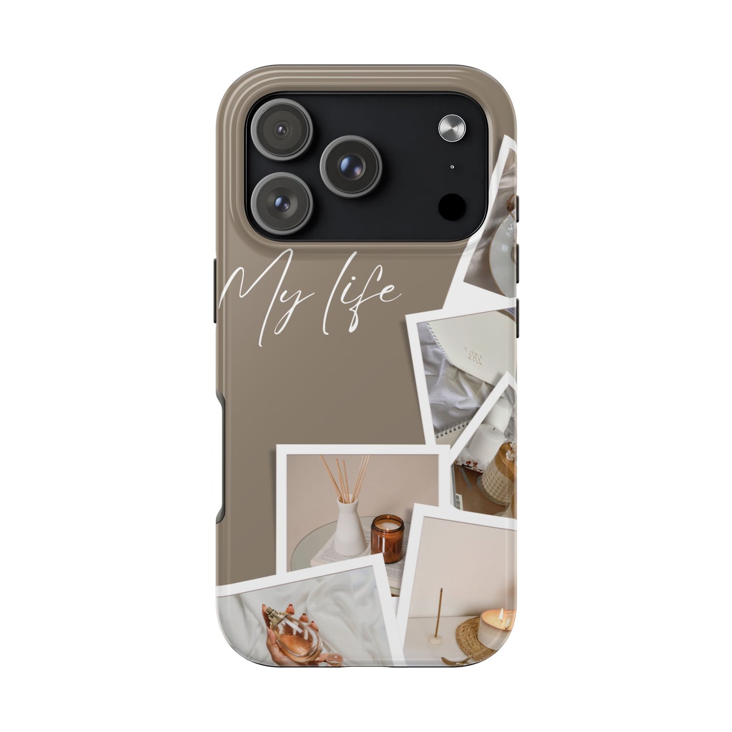 Neutral Aesthetic Phone Case with “My Life” Text and Polaroid Style Collage – Minimalist Beige Design for Cozy Lifestyle Lovers