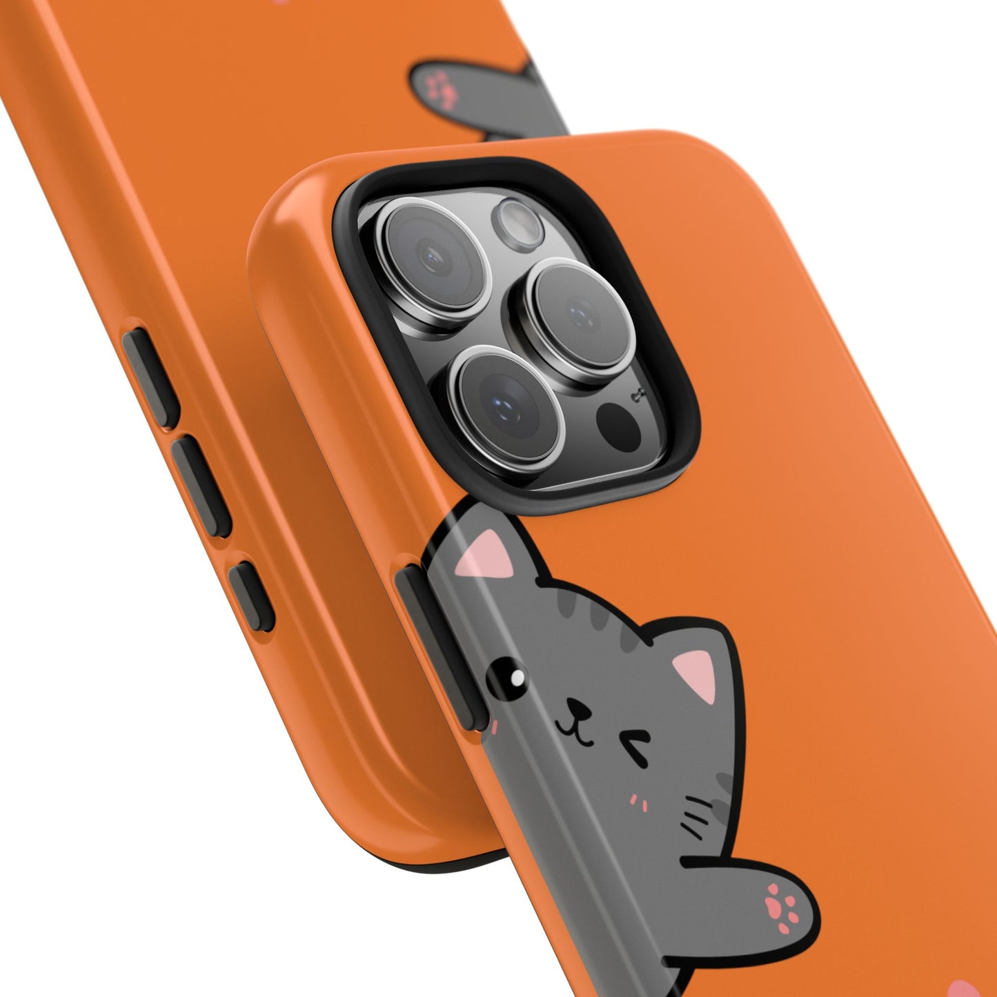 Cute Cartoon Cat Phone Case with Orange Background Playful Gray and White Kitties and Pink Heart Protective Cover for Kawaii Cat Lovers