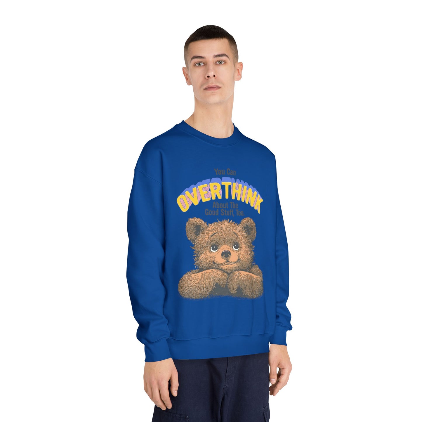 Person wearing a blue sweatshirt with a bear graphic and text on a white background