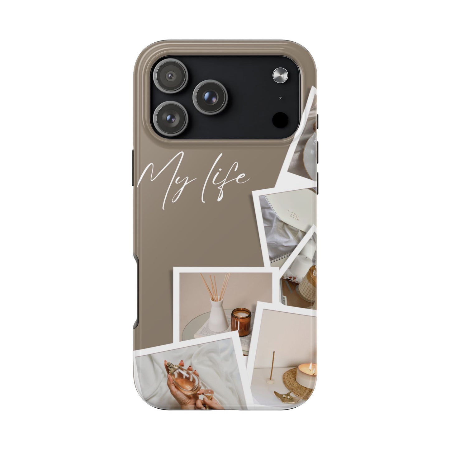 Neutral Aesthetic Phone Case with “My Life” Text and Polaroid Style Collage – Minimalist Beige Design for Cozy Lifestyle Lovers