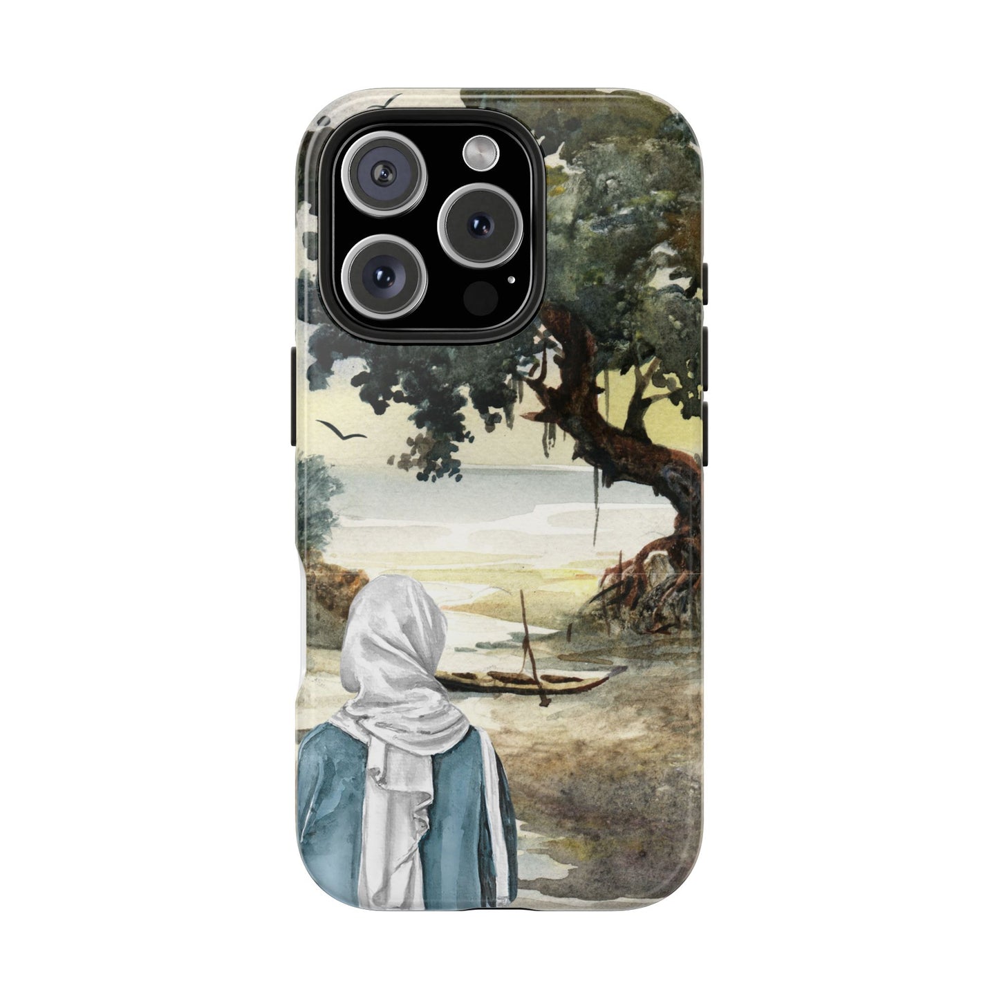 Watercolor Nature Phone Case with Woman by the Sea Tree and Boat Serene Landscape Art Protective Cover for Calm Coastal and Artistic Vibes