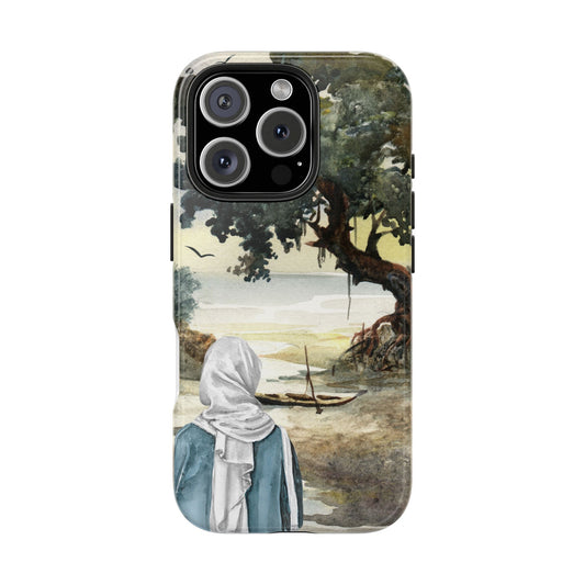 Watercolor Nature Phone Case with Woman by the Sea Tree and Boat Serene Landscape Art Protective Cover for Calm Coastal and Artistic Vibes