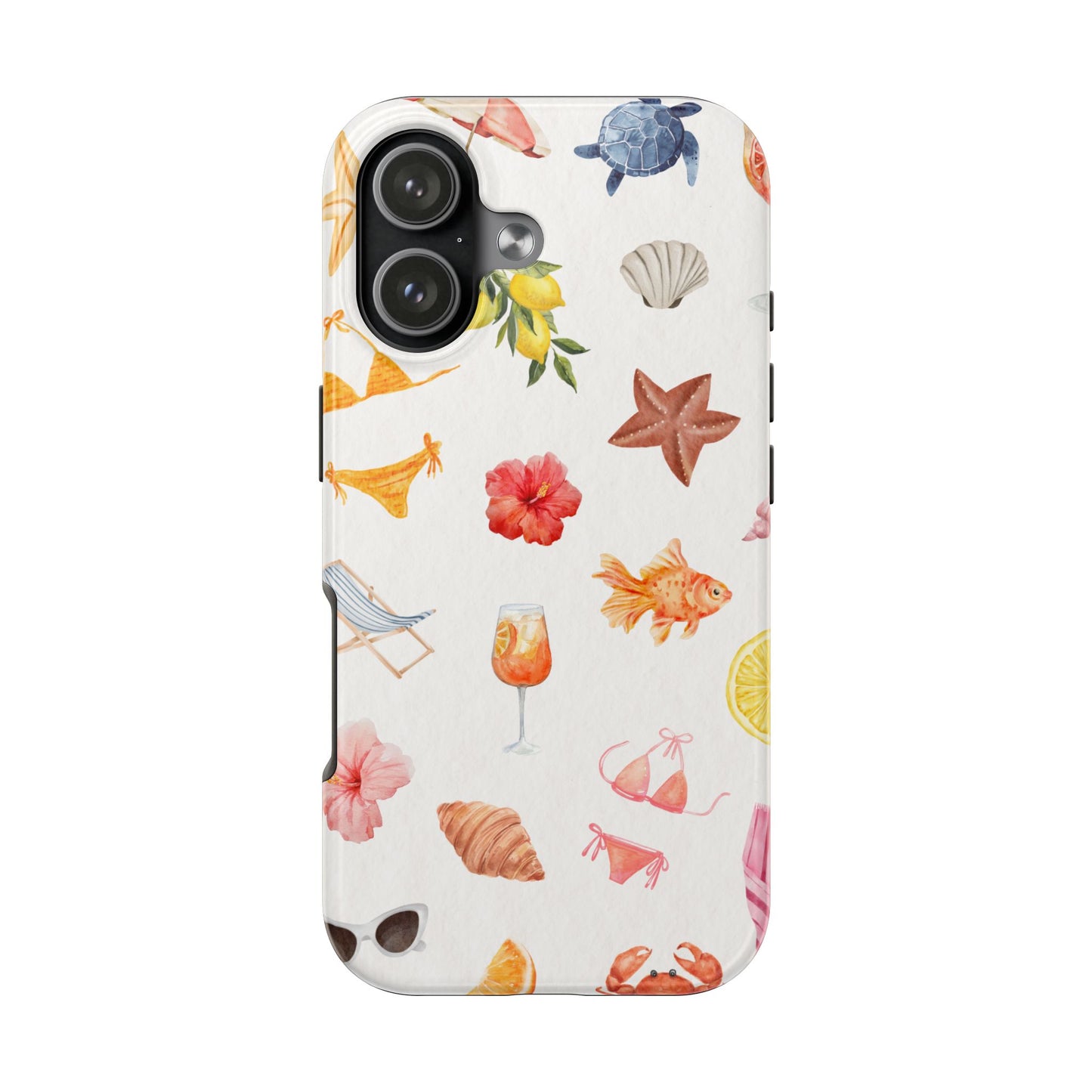 Summer Beach Vibes Phone Case with Watercolor Tropical Icons Bikini Flowers Fish and Fruits Fun and Colorful Protective Cover