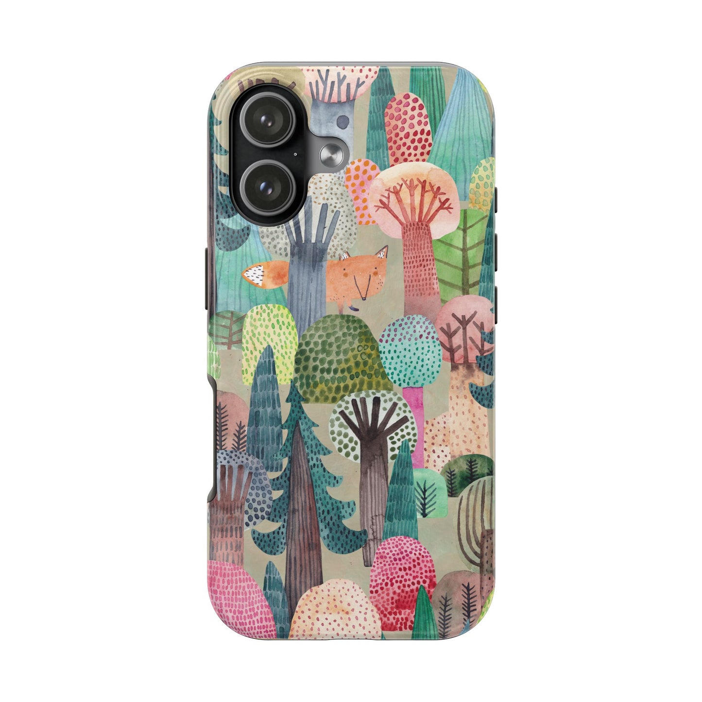 Colorful Forest Phone Case with Hidden Fox Design and Whimsical Trees – Artistic Nature Woodland Protective Cover for All Models