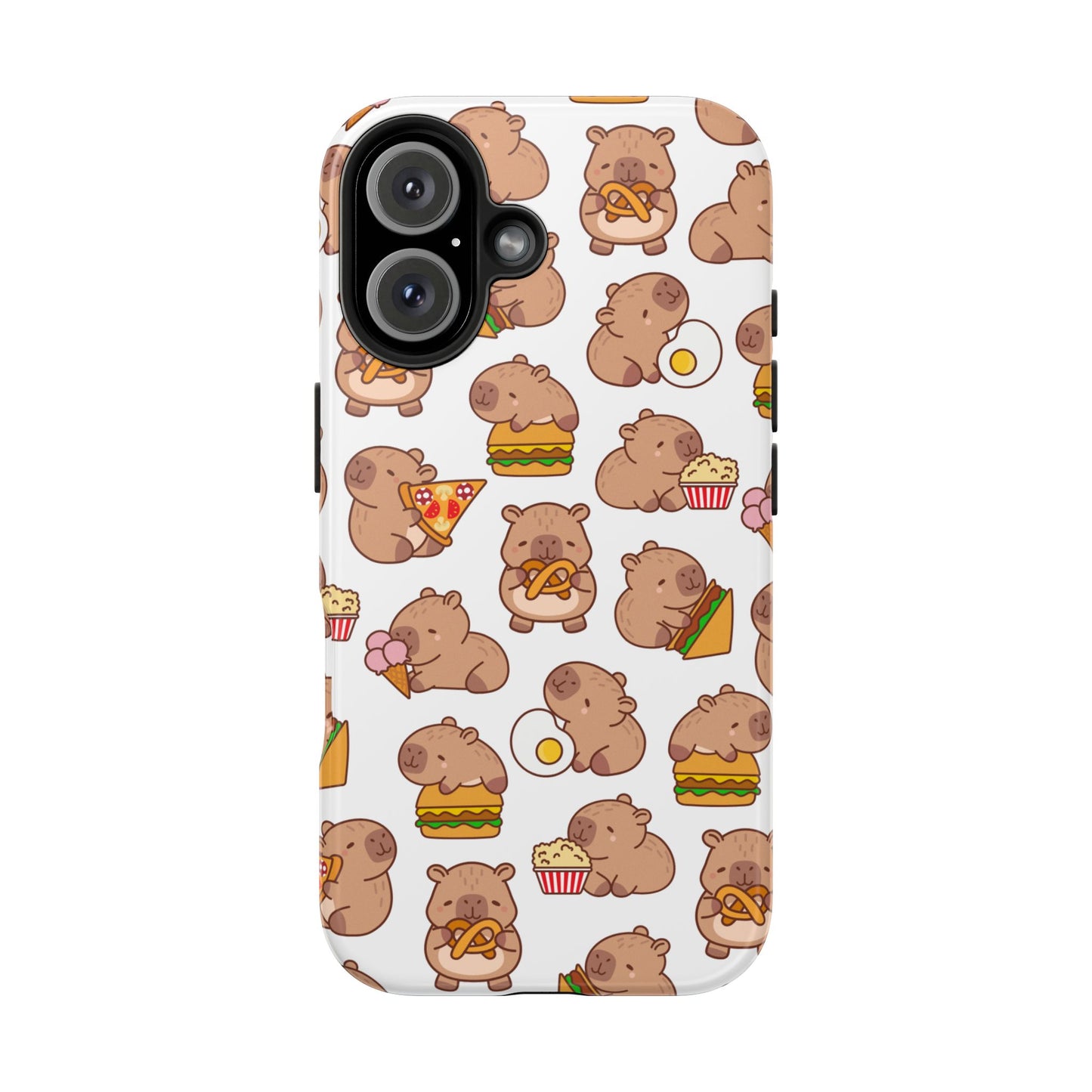 Cute Capybara Phone Case with Food Pattern Pizza Burger Donut and Popcorn Funny Animal Design Protective Cover for Foodies and Kawaii Style