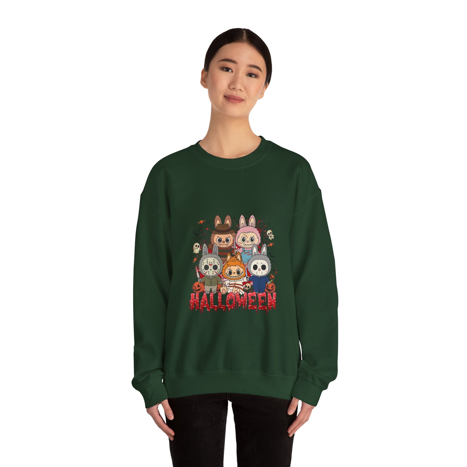 Woman wearing Crewneck Sweatshirt - Labubu Halloween Design with unicorn, relaxed fit, graphic tee and hoodie styles.
