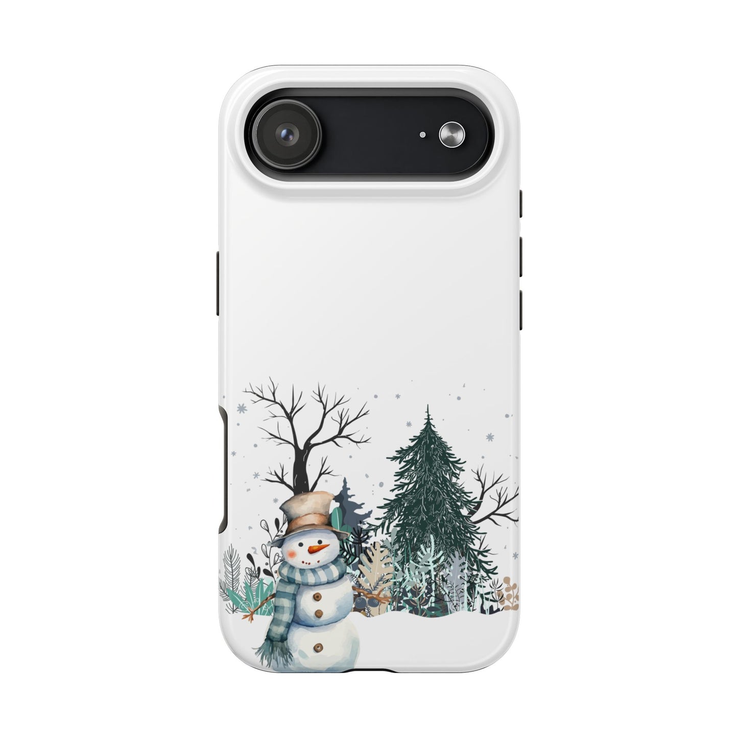 Winter Snowman Phone Case with Forest Trees and Snowflakes Cute Holiday Design Protective Cover for Christmas and Cozy Seasonal Vibes