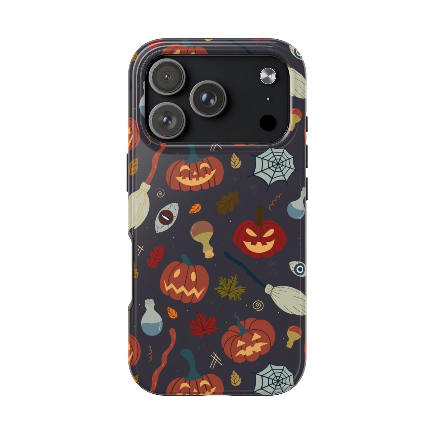 Spooky Halloween Pumpkin Phone Case with Witches Brooms, Potions, and Autumn Leaves – Fun Festive Protective Cover for October Vibes