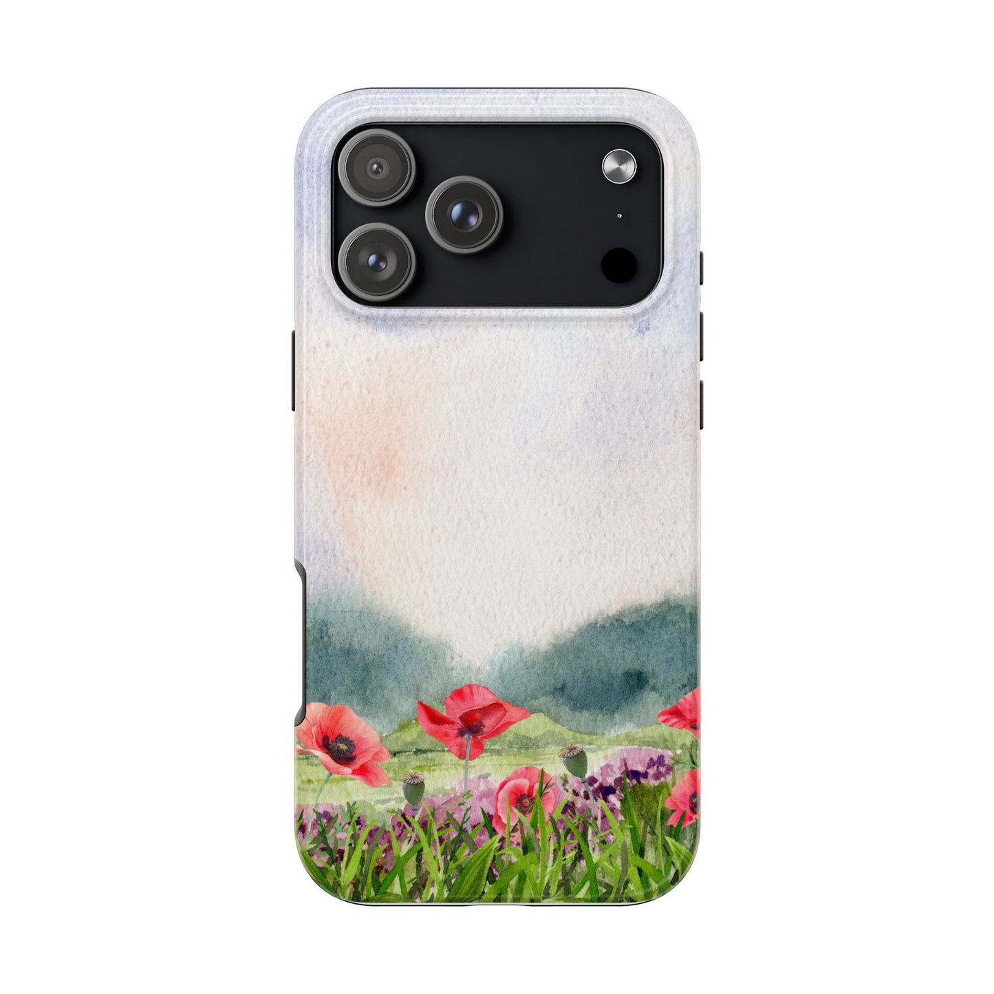 Watercolor Wildflower Meadow Phone Case with Red Poppies and Soft Landscape Artistic Floral Design Protective Cover for Nature Lover