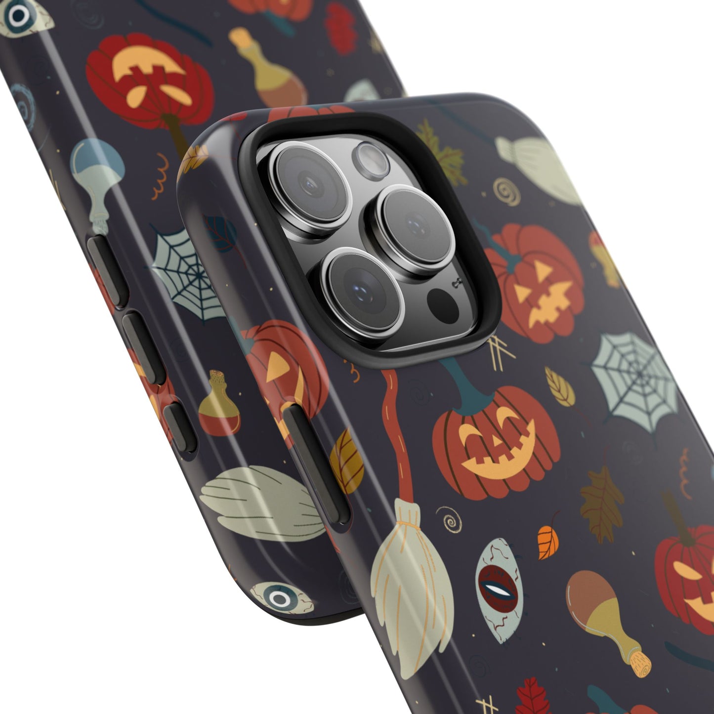 Spooky Halloween Pumpkin Phone Case with Witches Brooms, Potions, and Autumn Leaves – Fun Festive Protective Cover for October Vibes