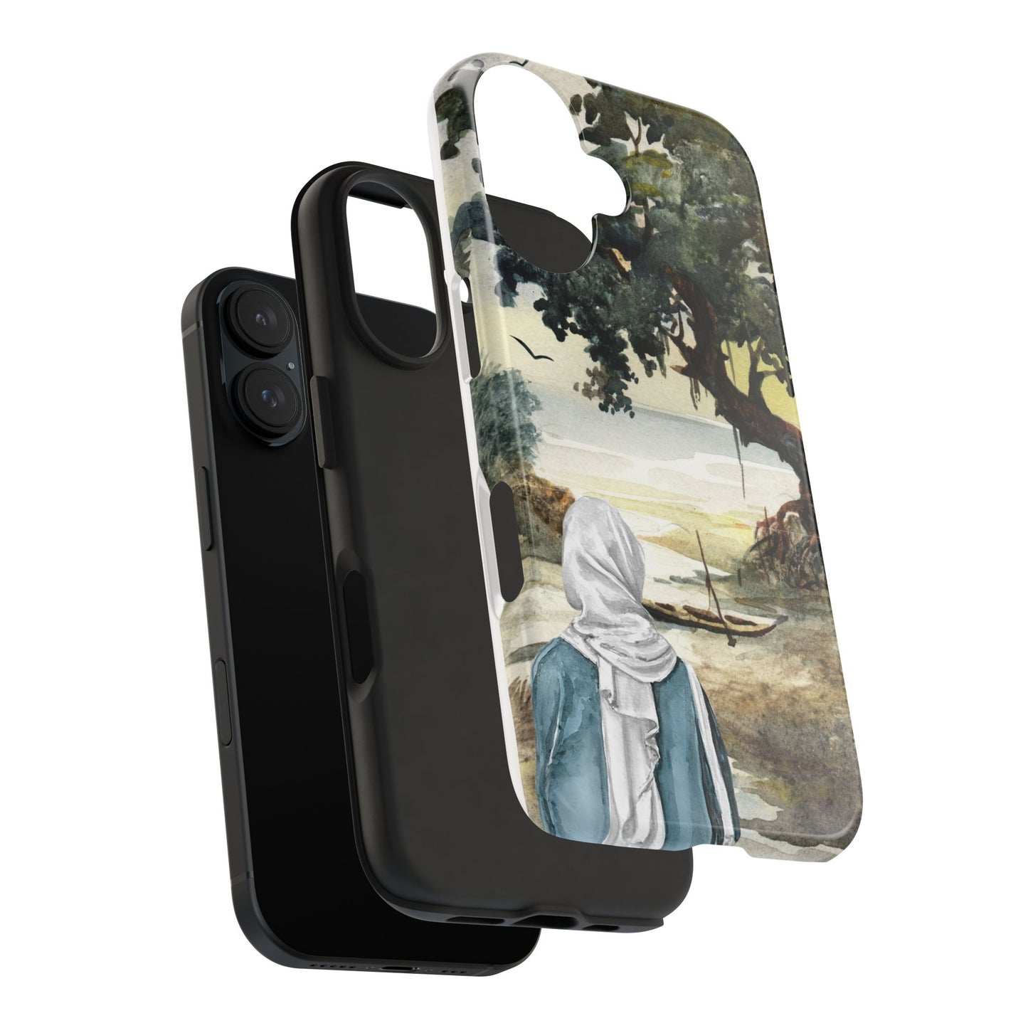 Watercolor Nature Phone Case with Woman by the Sea Tree and Boat Serene Landscape Art Protective Cover for Calm Coastal and Artistic Vibes