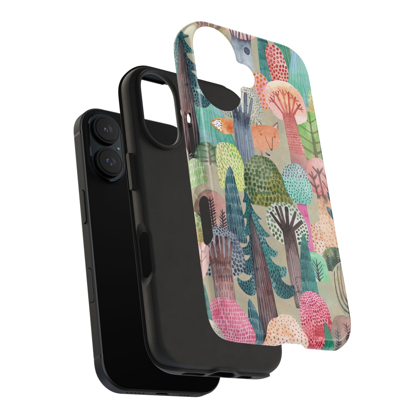 Colorful Forest Phone Case with Hidden Fox Design and Whimsical Trees – Artistic Nature Woodland Protective Cover for All Models