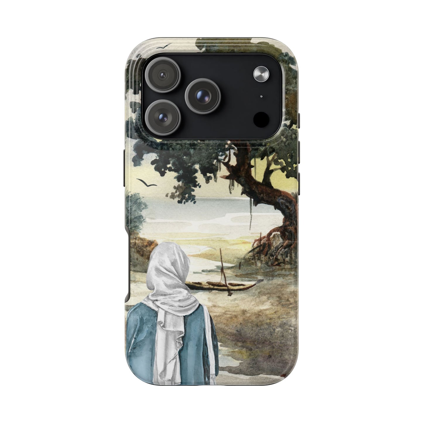 Watercolor Nature Phone Case with Woman by the Sea Tree and Boat Serene Landscape Art Protective Cover for Calm Coastal and Artistic Vibes