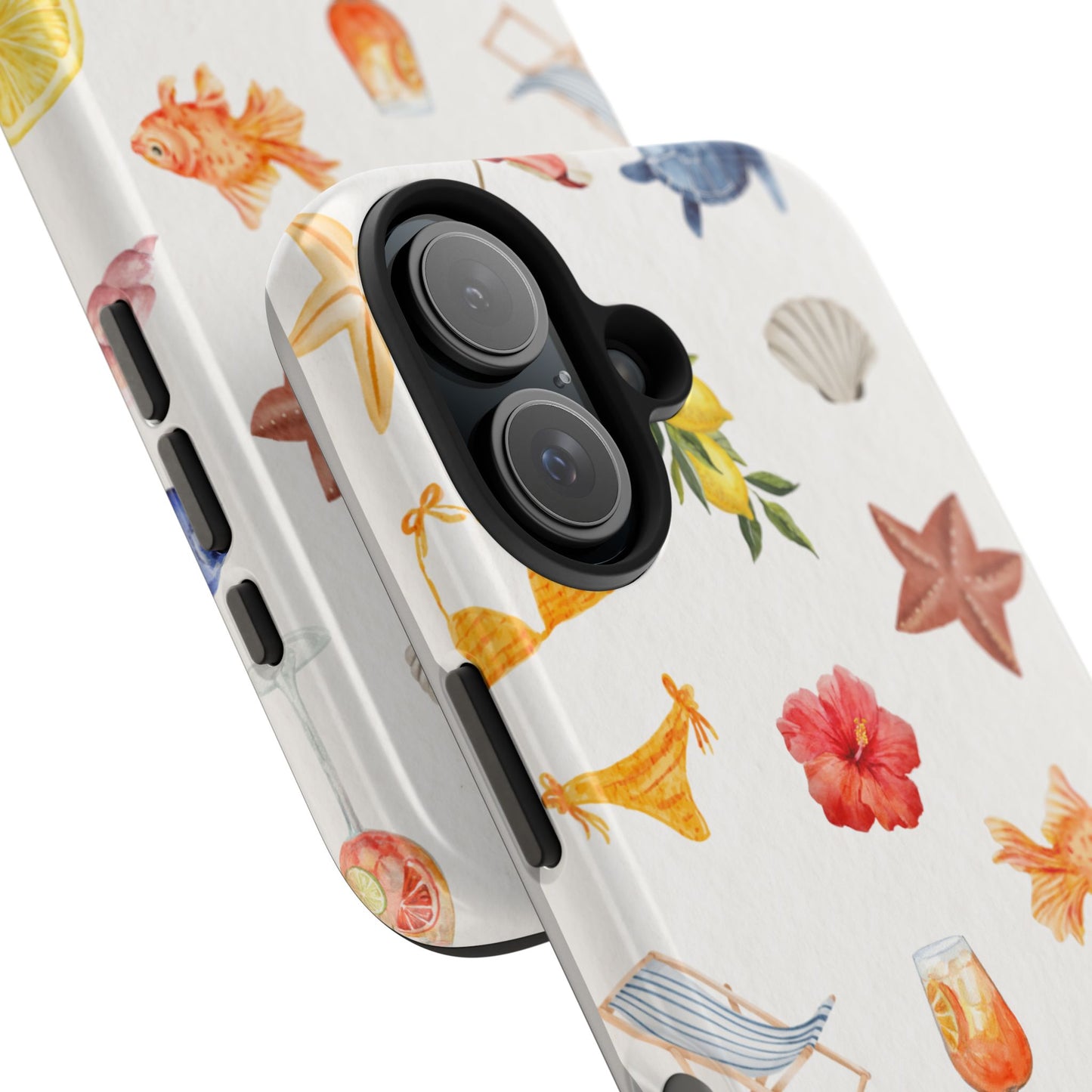 Summer Beach Vibes Phone Case with Watercolor Tropical Icons Bikini Flowers Fish and Fruits Fun and Colorful Protective Cover