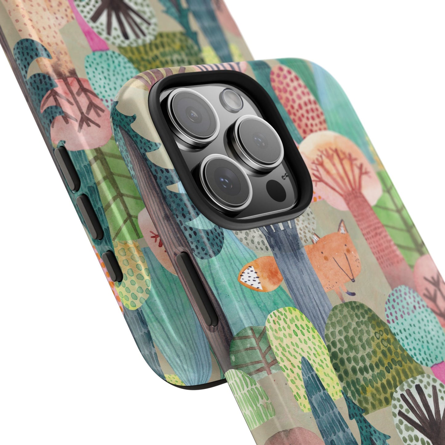 Colorful Forest Phone Case with Hidden Fox Design and Whimsical Trees – Artistic Nature Woodland Protective Cover for All Models