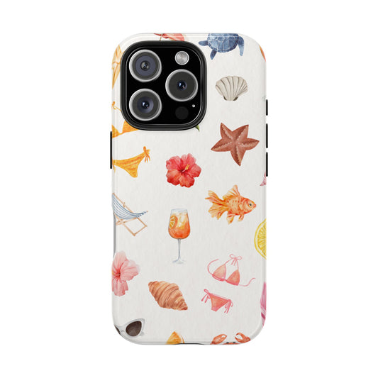 Summer Beach Vibes Phone Case with Watercolor Tropical Icons Bikini Flowers Fish and Fruits Fun and Colorful Protective Cover
