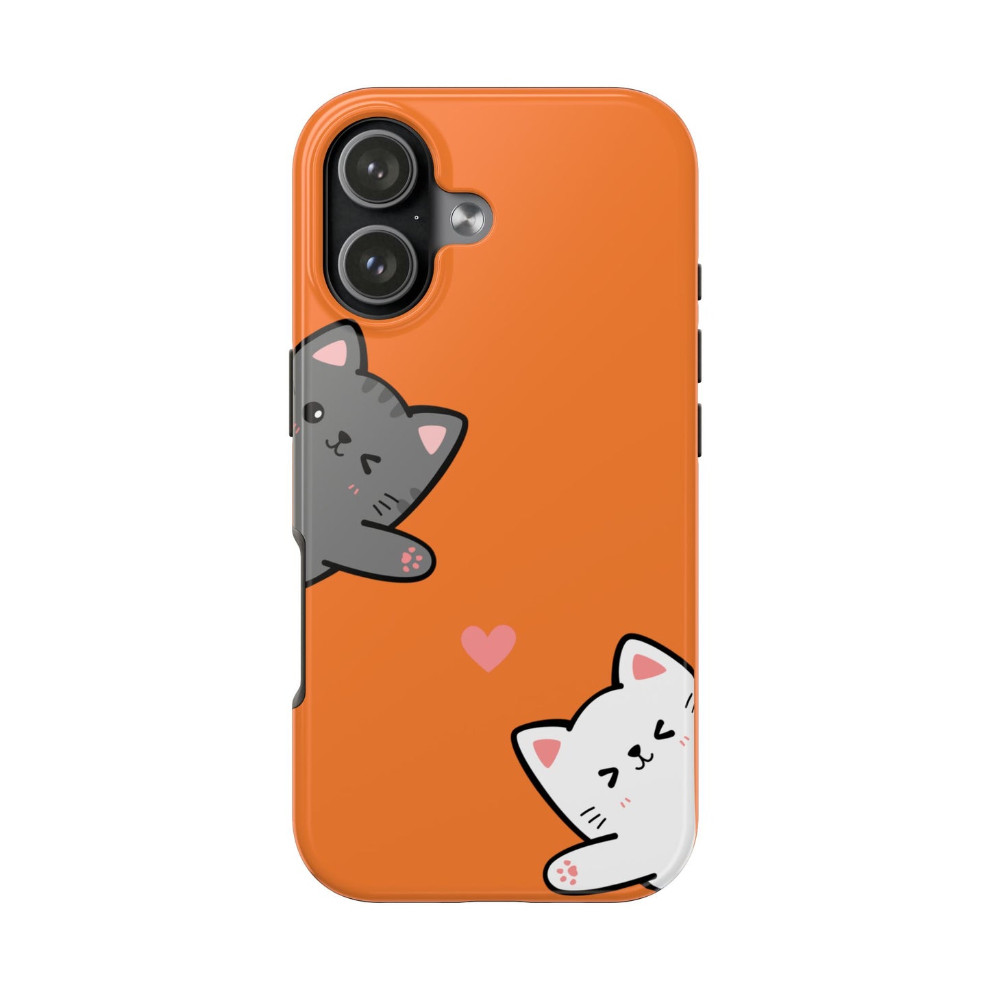 Cute Cartoon Cat Phone Case with Orange Background Playful Gray and White Kitties and Pink Heart Protective Cover for Kawaii Cat Lovers