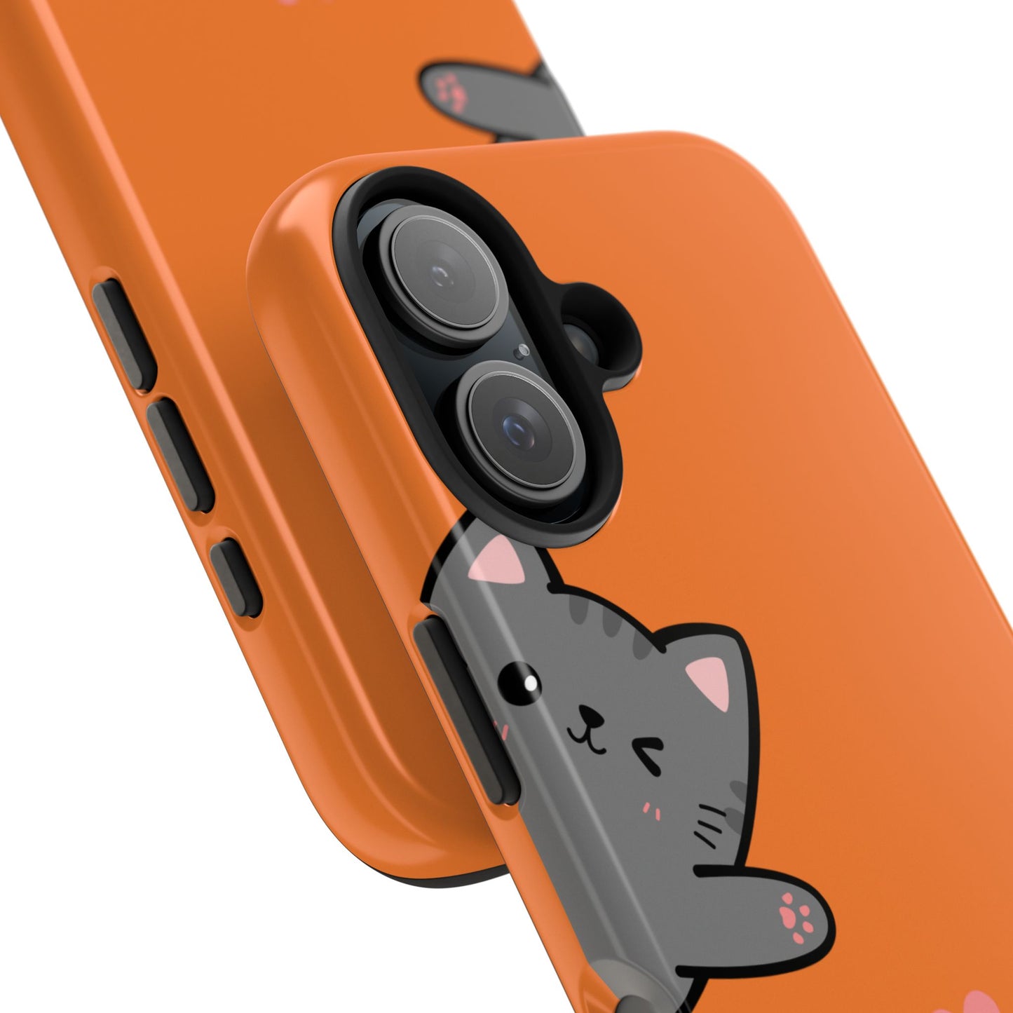 Cute Cartoon Cat Phone Case with Orange Background Playful Gray and White Kitties and Pink Heart Protective Cover for Kawaii Cat Lovers