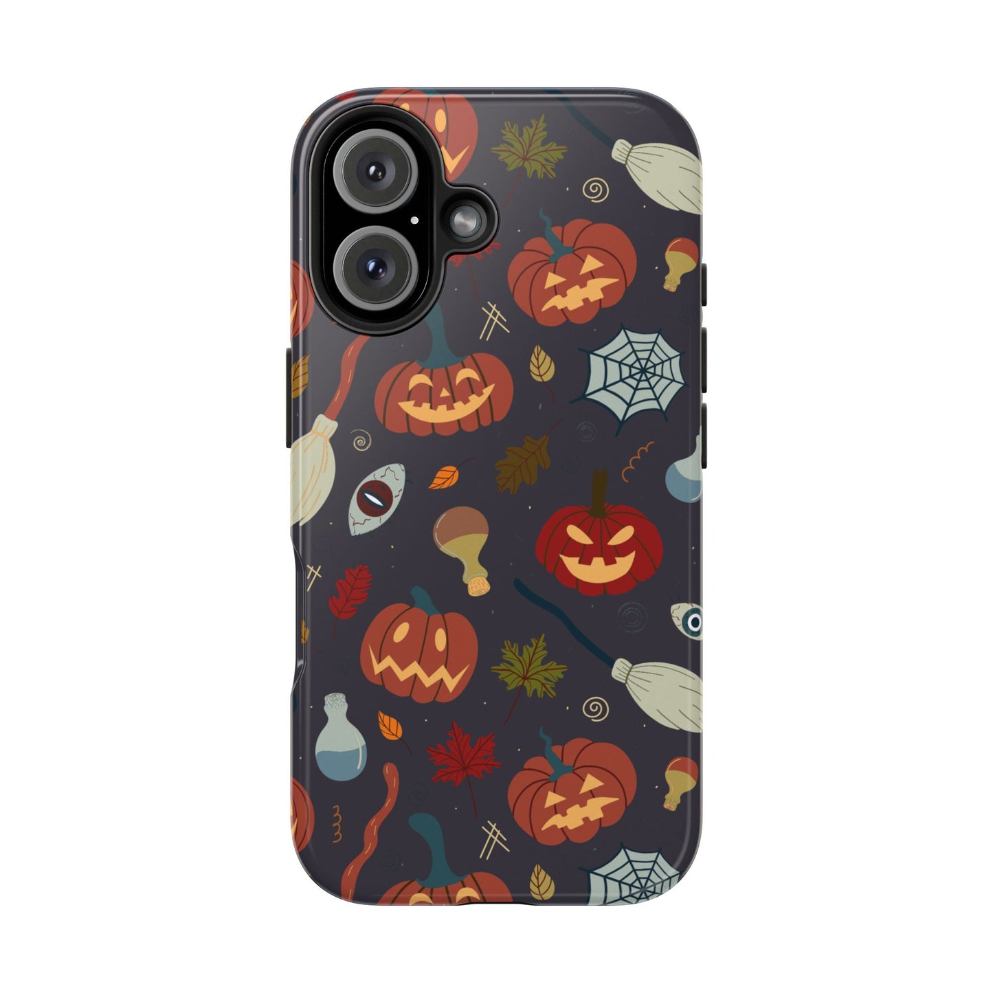Spooky Halloween Pumpkin Phone Case with Witches Brooms, Potions, and Autumn Leaves – Fun Festive Protective Cover for October Vibes