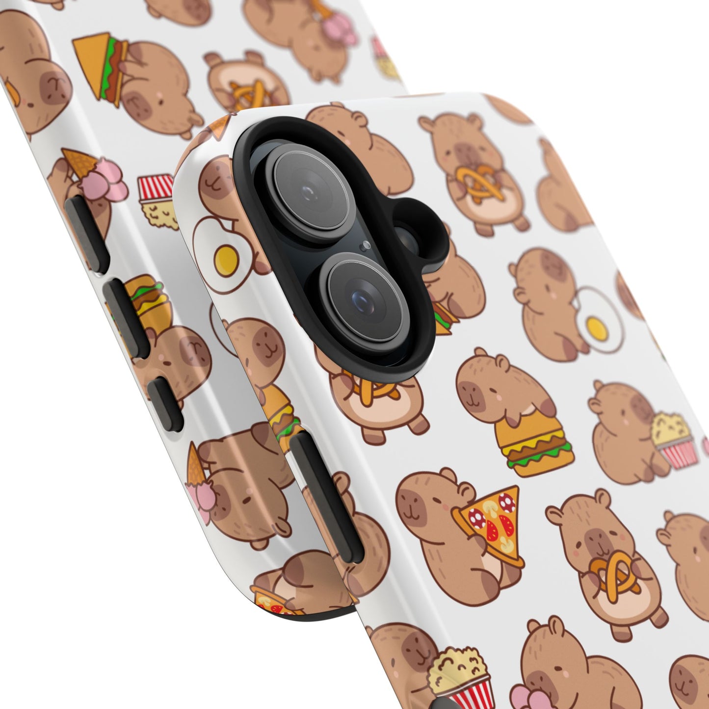 Cute Capybara Phone Case with Food Pattern Pizza Burger Donut and Popcorn Funny Animal Design Protective Cover for Foodies and Kawaii Style