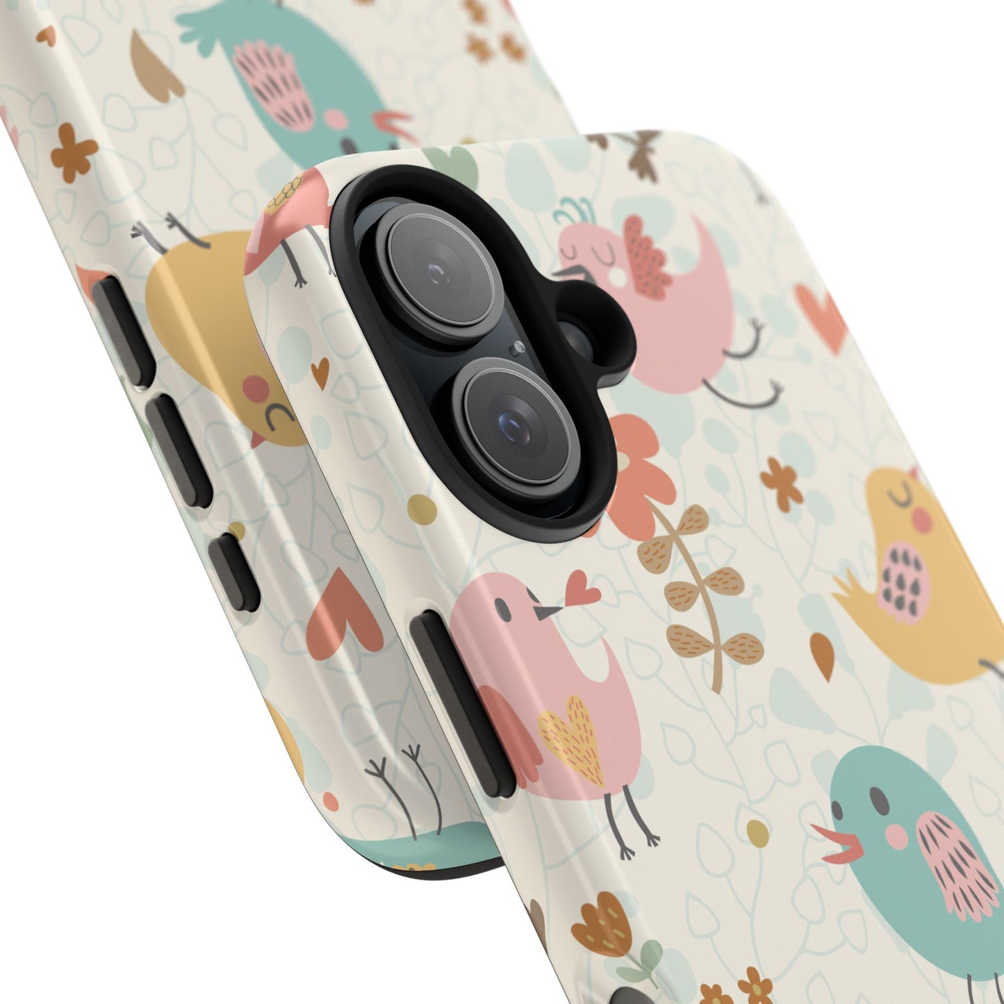 Cute Cartoon Birds Phone Case for iPhone 15 Pro with Colorful Pastel Floral Pattern – Soft Protective Cover with Whimsical Bird Design