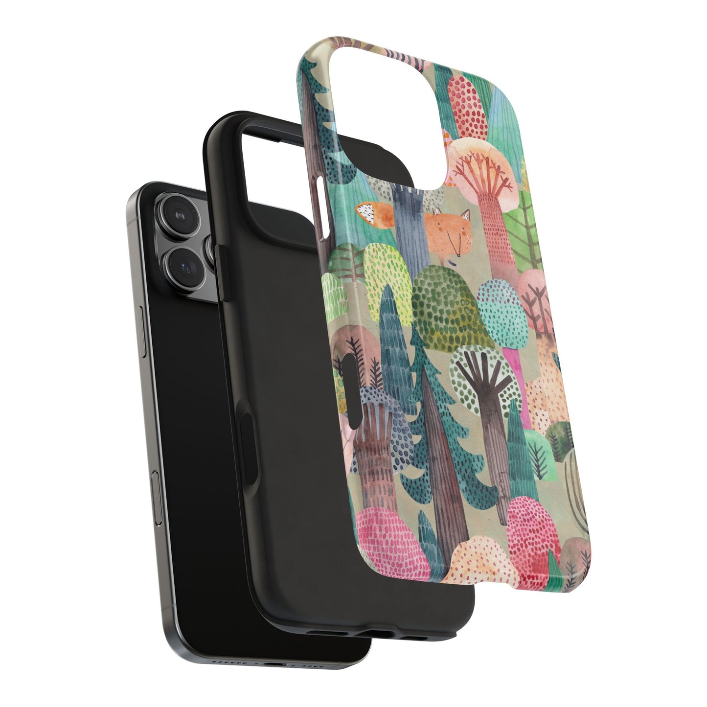 Colorful Forest Phone Case with Hidden Fox Design and Whimsical Trees – Artistic Nature Woodland Protective Cover for All Models