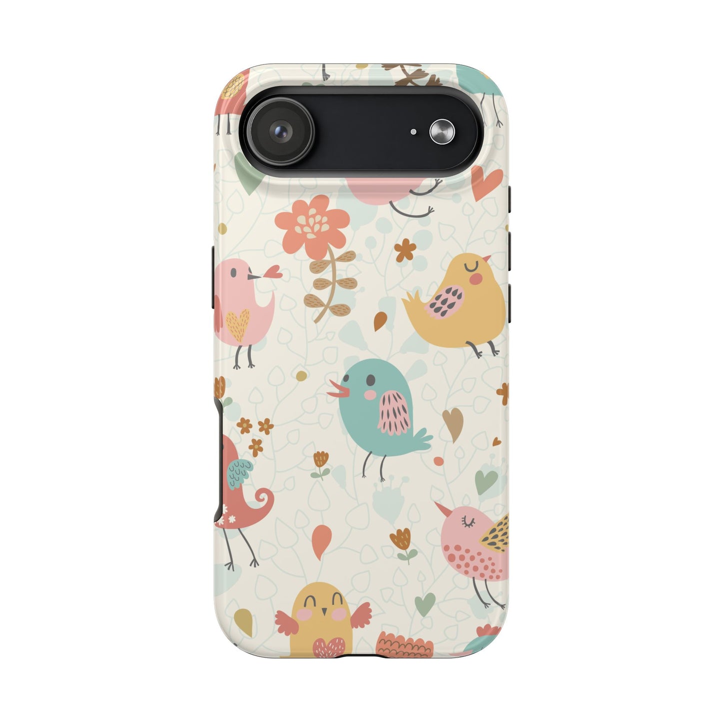 Cute Cartoon Birds Phone Case for iPhone 15 Pro with Colorful Pastel Floral Pattern – Soft Protective Cover with Whimsical Bird Design