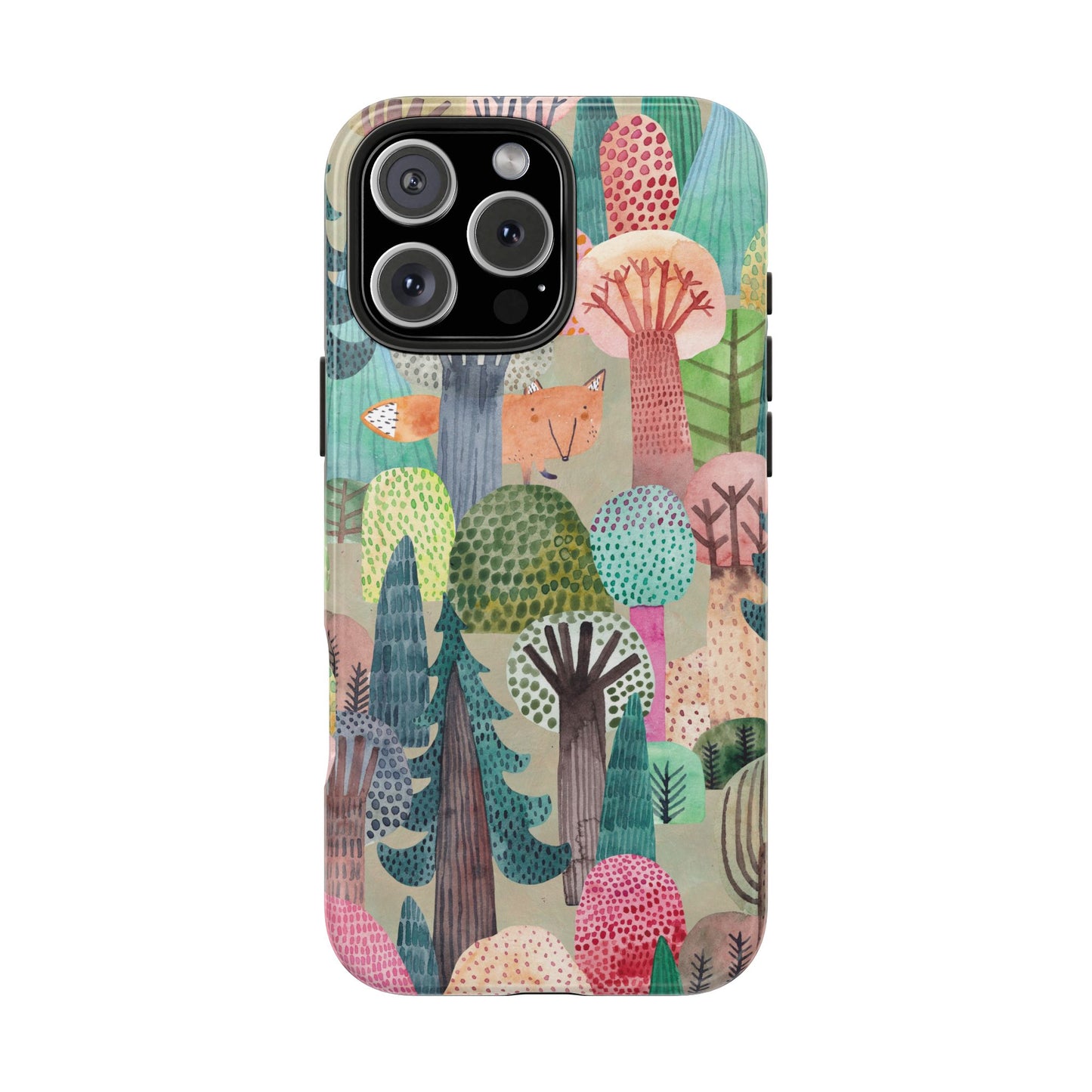 Colorful Forest Phone Case with Hidden Fox Design and Whimsical Trees – Artistic Nature Woodland Protective Cover for All Models