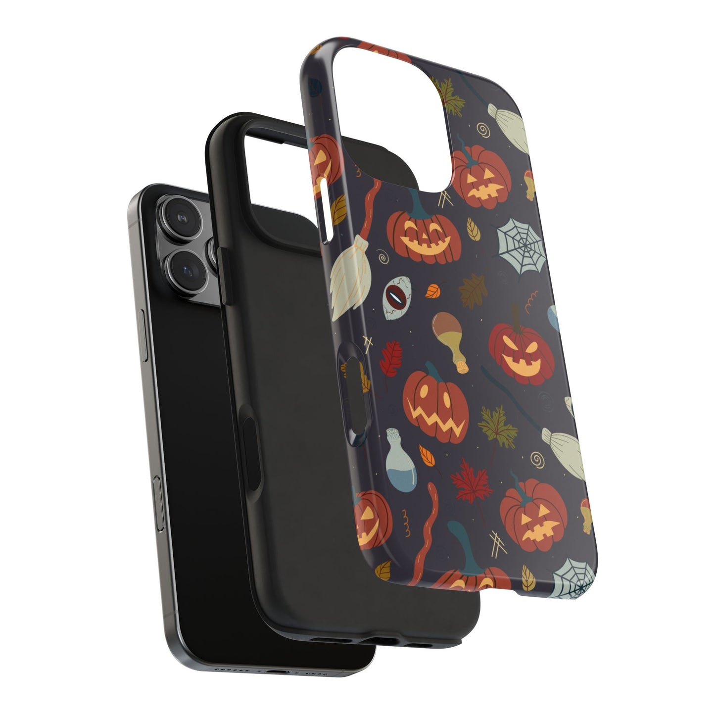 Spooky Halloween Pumpkin Phone Case with Witches Brooms, Potions, and Autumn Leaves – Fun Festive Protective Cover for October Vibes