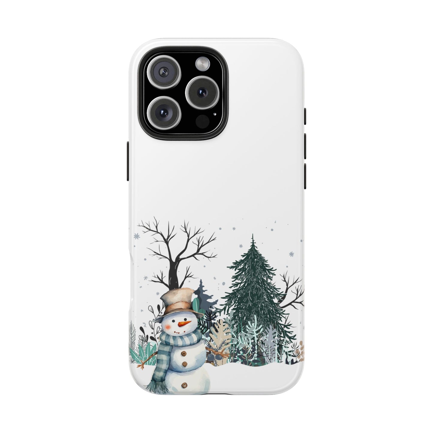 Winter Snowman Phone Case with Forest Trees and Snowflakes Cute Holiday Design Protective Cover for Christmas and Cozy Seasonal Vibes