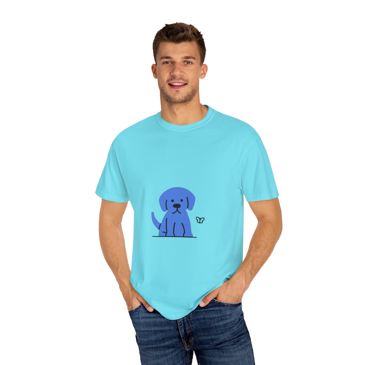 Cute Blue Dog Unisex Garment-Dyed T-shirt, Pet Lover Gift, Fashion Tee, Casual Wear, Birthday Present, Dog Lover Apparel
