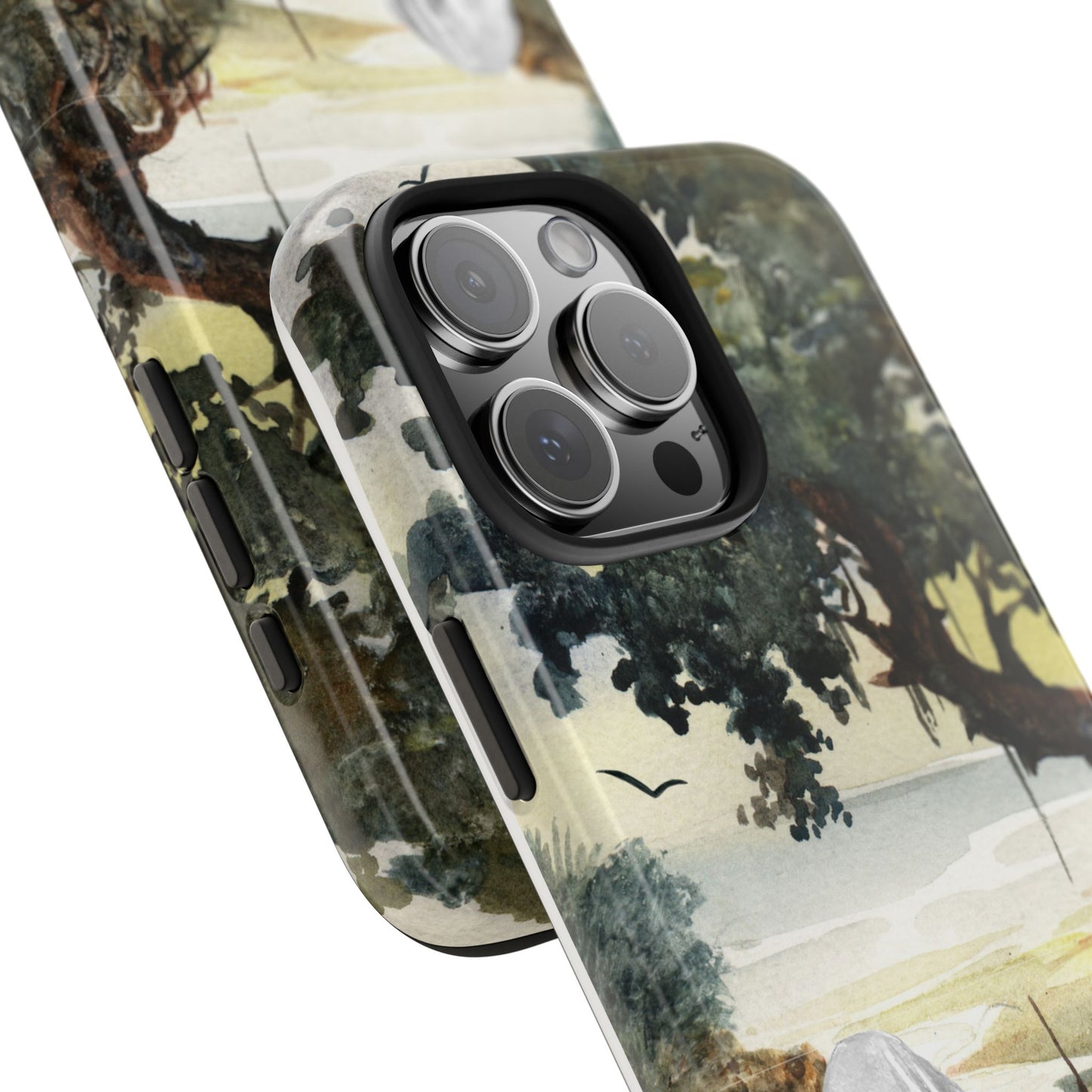 Watercolor Nature Phone Case with Woman by the Sea Tree and Boat Serene Landscape Art Protective Cover for Calm Coastal and Artistic Vibes