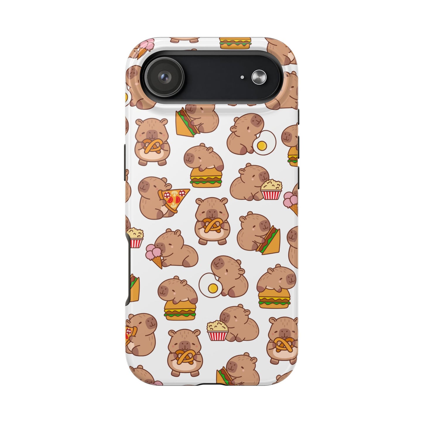 Cute Capybara Phone Case with Food Pattern Pizza Burger Donut and Popcorn Funny Animal Design Protective Cover for Foodies and Kawaii Style