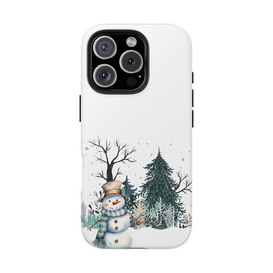 Winter Snowman Phone Case with Forest Trees and Snowflakes Cute Holiday Design Protective Cover for Christmas and Cozy Seasonal Vibes