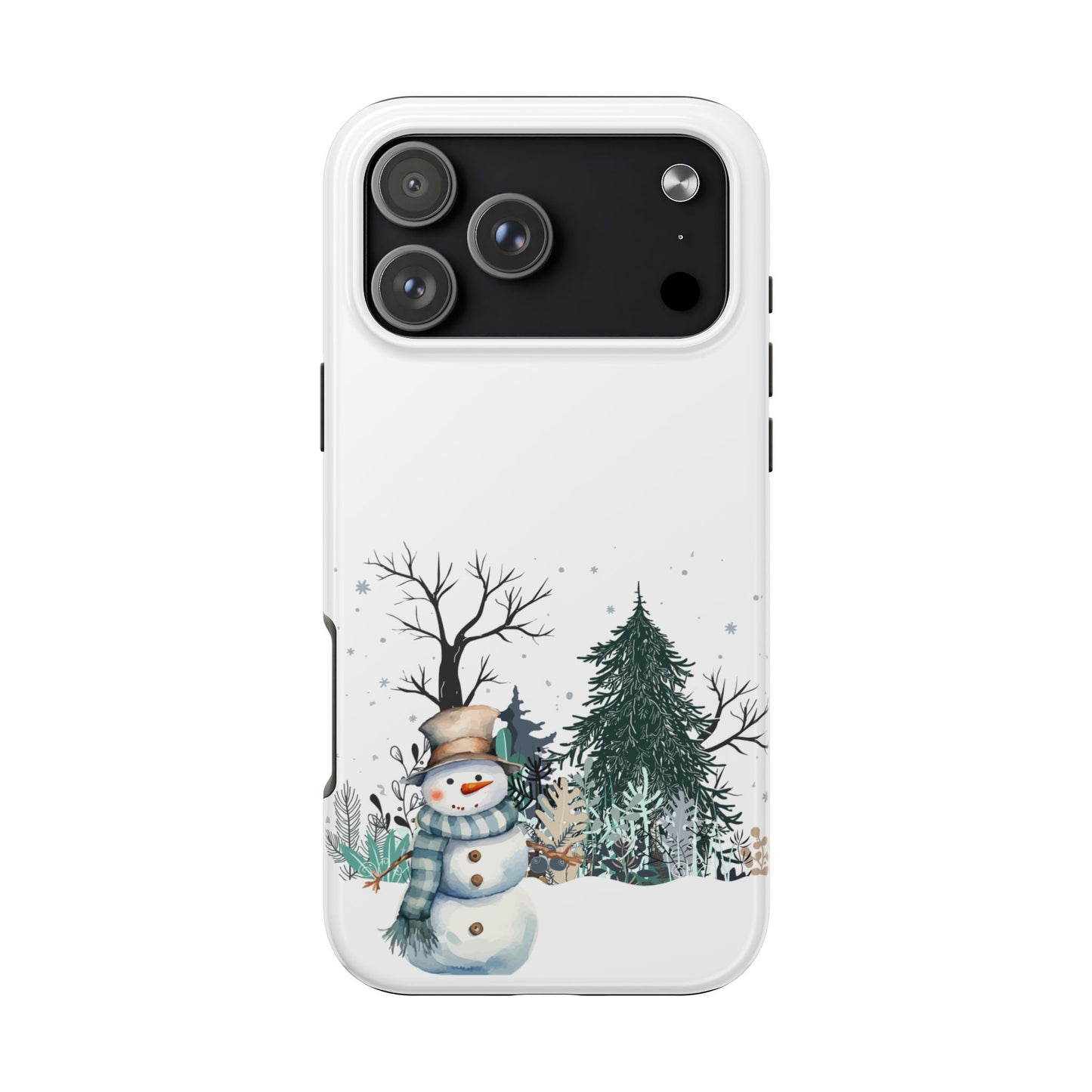 Winter Snowman Phone Case with Forest Trees and Snowflakes Cute Holiday Design Protective Cover for Christmas and Cozy Seasonal Vibes