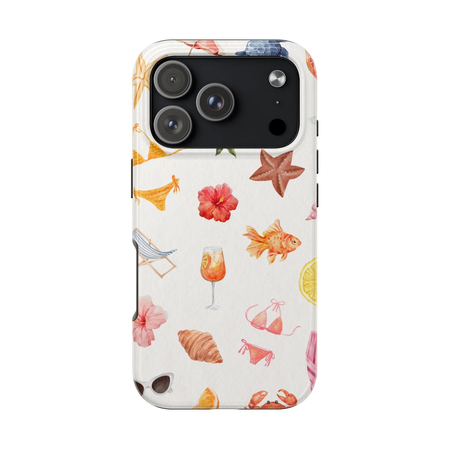 Summer Beach Vibes Phone Case with Watercolor Tropical Icons Bikini Flowers Fish and Fruits Fun and Colorful Protective Cover