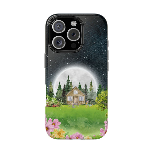 Moonlight Forest Cabin Phone Case with Night Sky and Flowers Whimsical Nature Protective Cover for Cottagecore and Dreamy Aesthetic Lovers