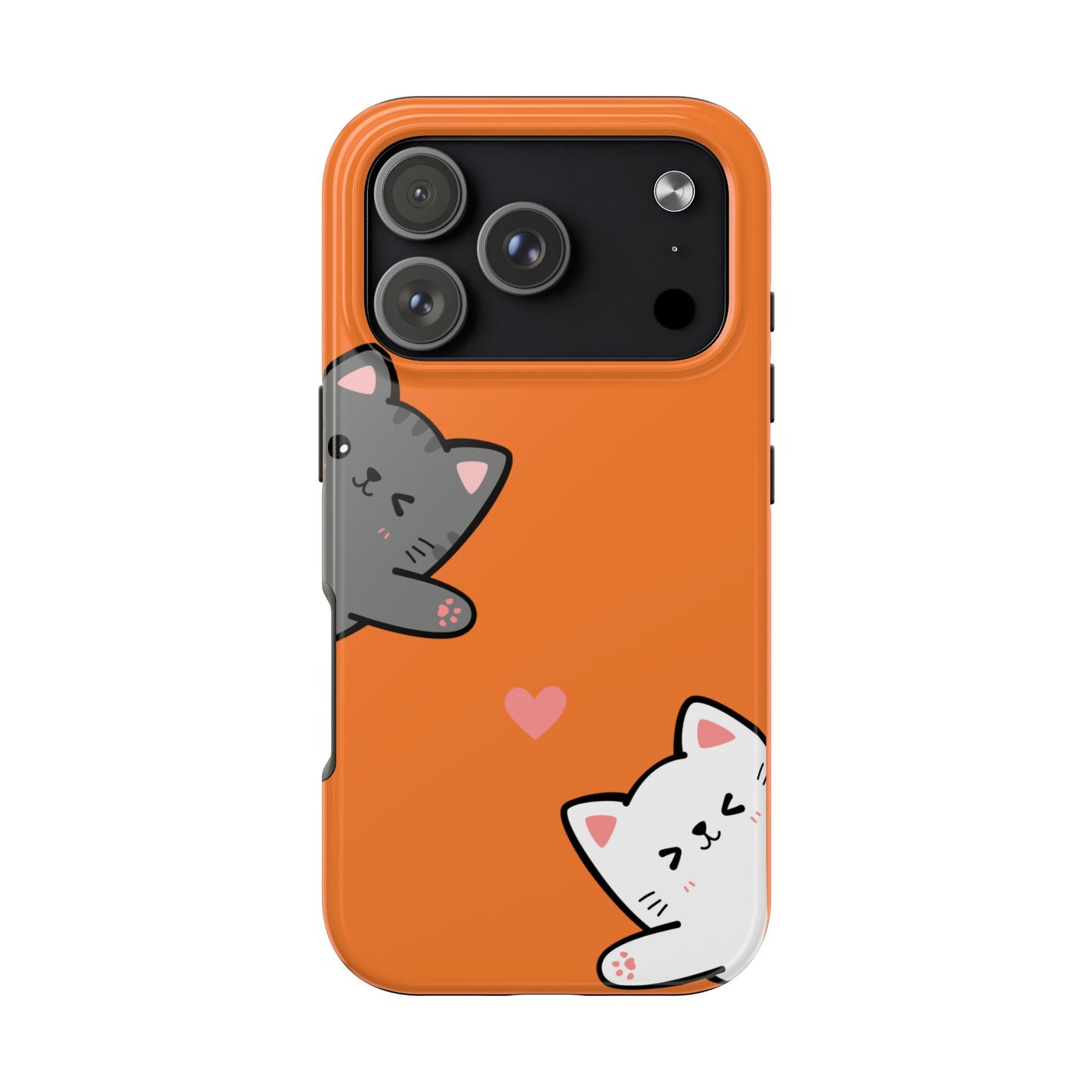 Cute Cartoon Cat Phone Case with Orange Background Playful Gray and White Kitties and Pink Heart Protective Cover for Kawaii Cat Lovers