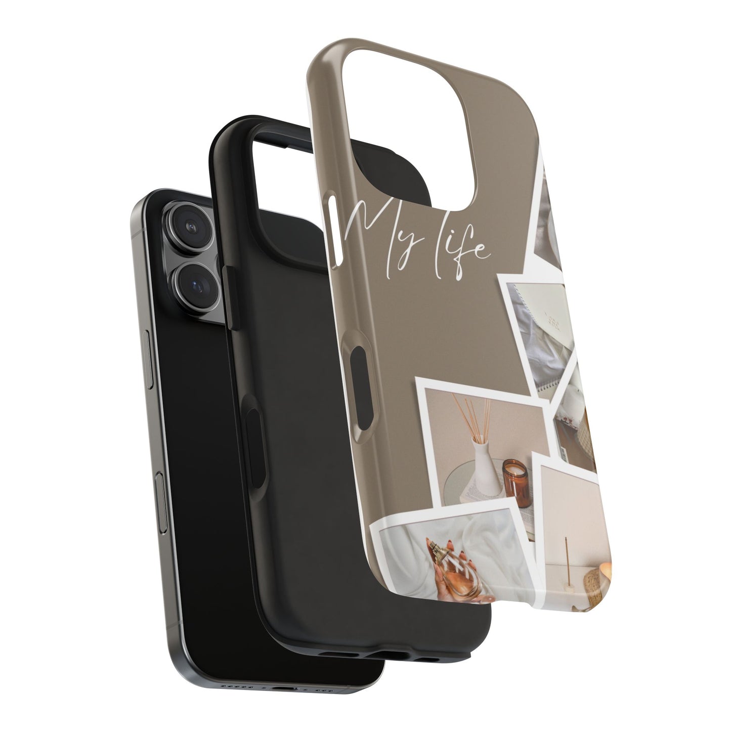 Neutral Aesthetic Phone Case with “My Life” Text and Polaroid Style Collage – Minimalist Beige Design for Cozy Lifestyle Lovers