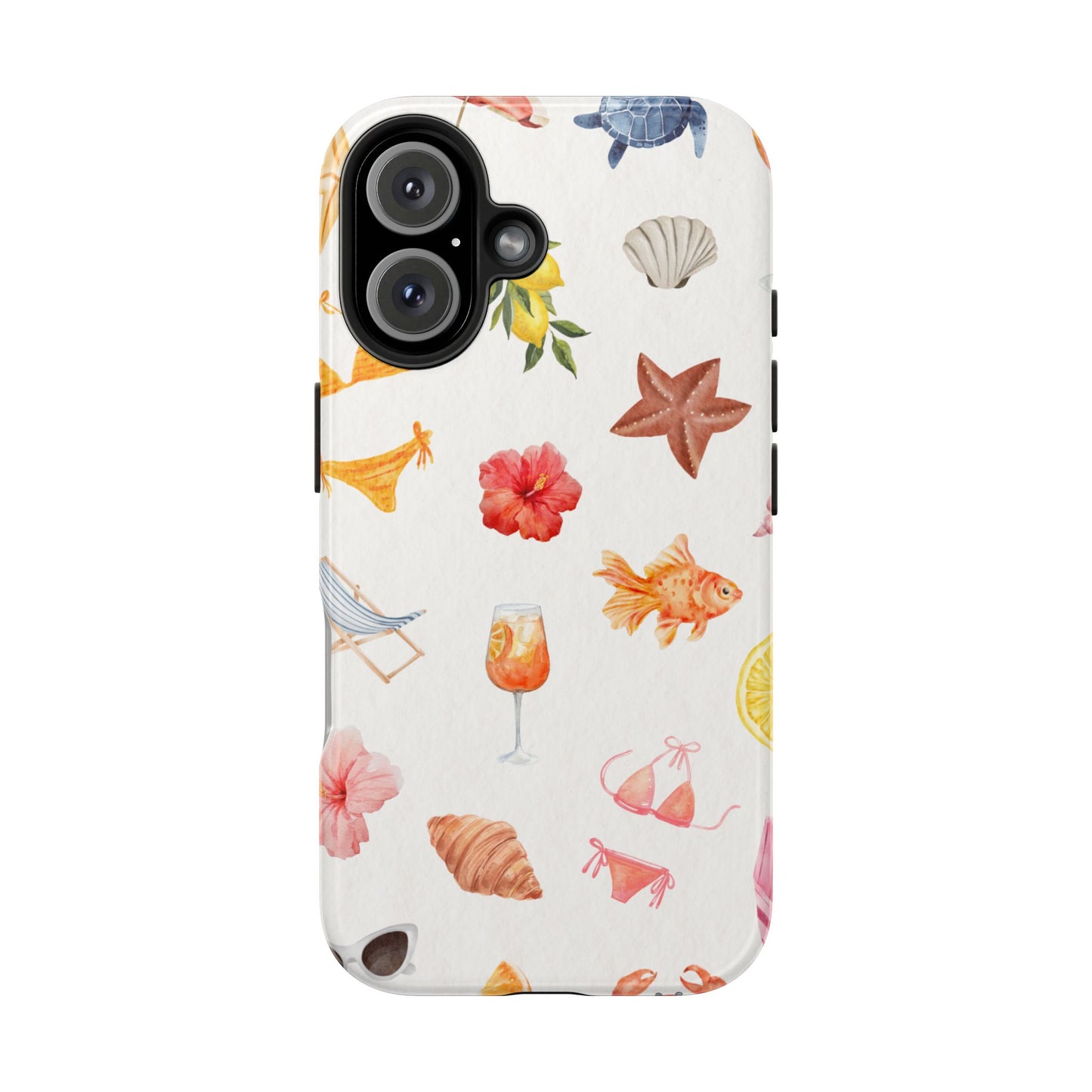 Summer Beach Vibes Phone Case with Watercolor Tropical Icons Bikini Flowers Fish and Fruits Fun and Colorful Protective Cover